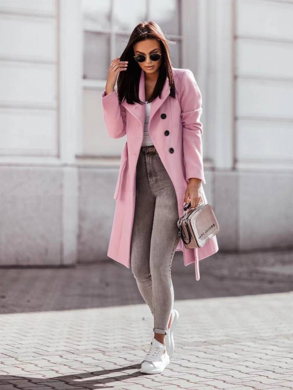 Palton elegant de damă cu centură și căptușeală 6102 roz