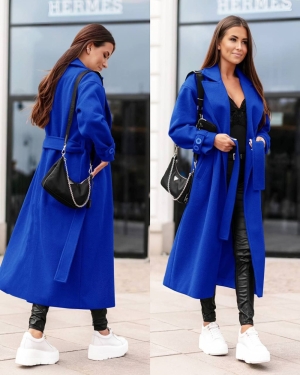 Palton lung de dama cu curea A1418 albastru turcesc