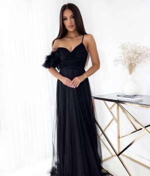 Rochie elegantă de damă cu tul K6787 negru